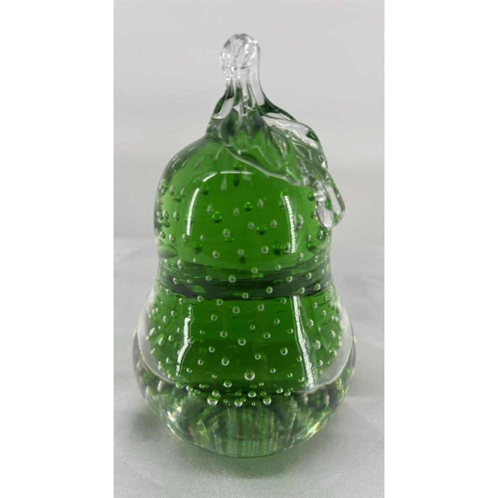 Vintage Hand Blown Green Glass Pear Paperweight Controlled Bubble Art Glass